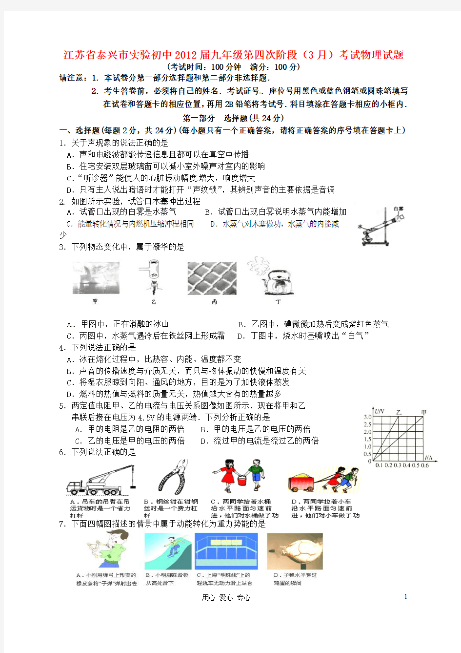 江苏省泰兴市实验初中九年级物理第四次阶段(3月)考试试题