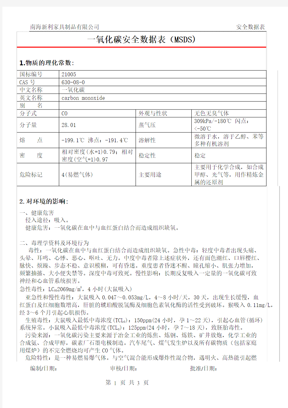 一氧化碳安全数据表(MSDS)