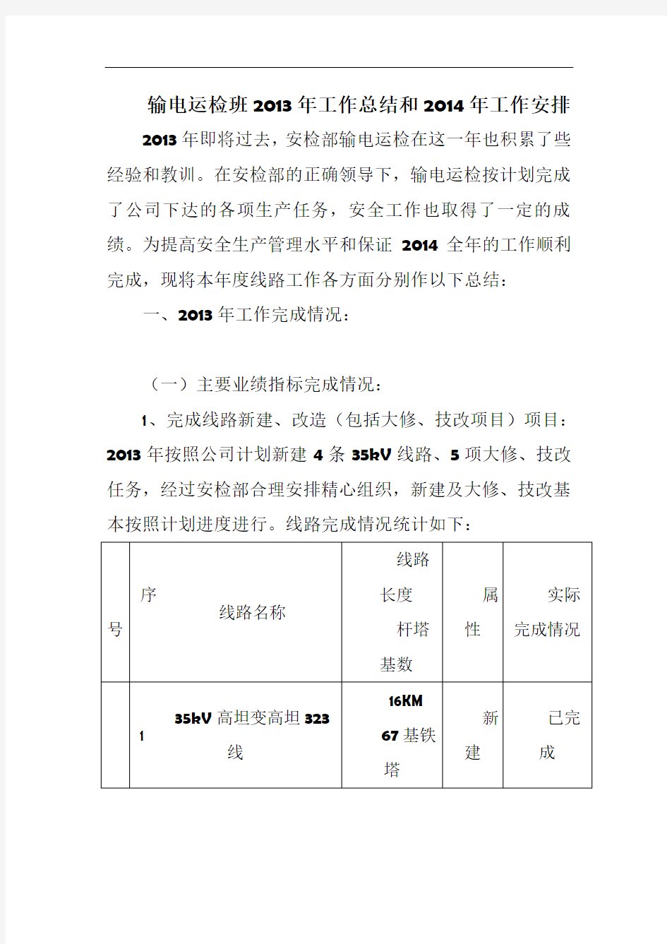 输电运检班2013年工作总结和2014年工作安排