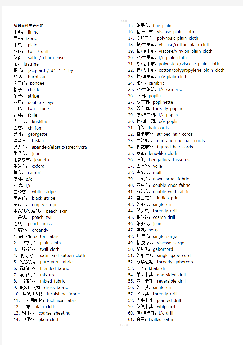 纺织面料英语词汇