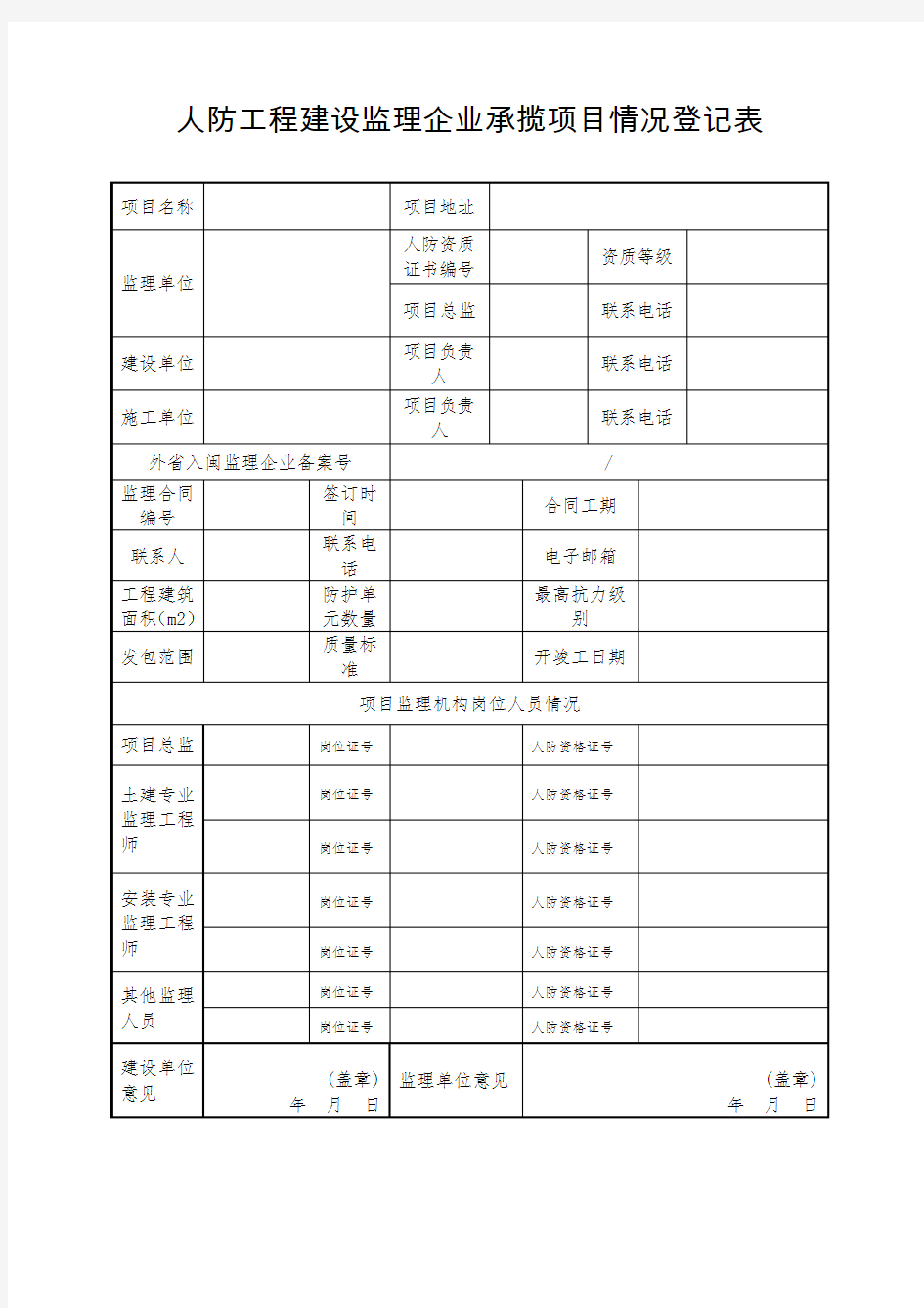 人防工程建设监理企业承揽项目情况登记表