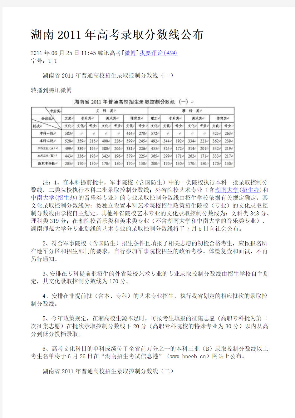 湖南2011年高考录取分数线公布