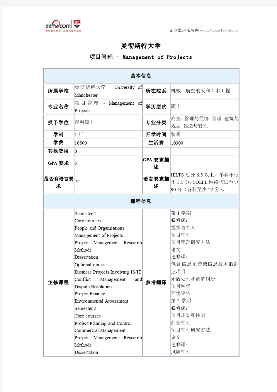 曼彻斯特大学项目管理专业硕士