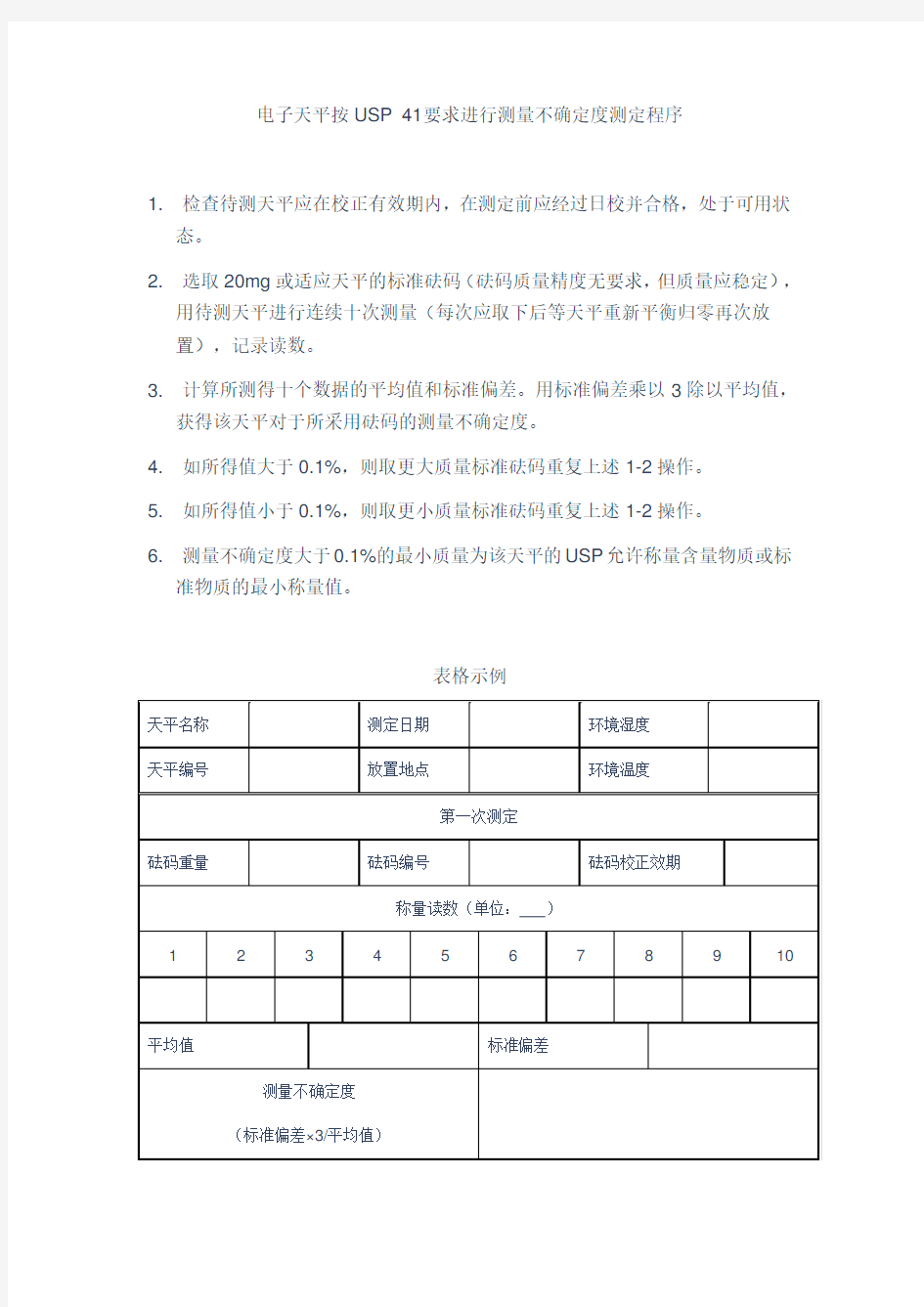 电子天平按USP 41要求进行测量不确定度测定程序