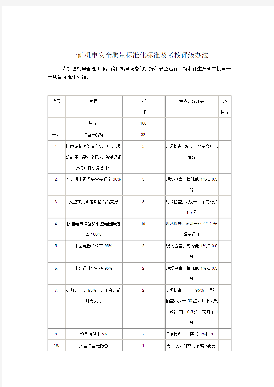 机电安全质量标准化标准及考核评级办法