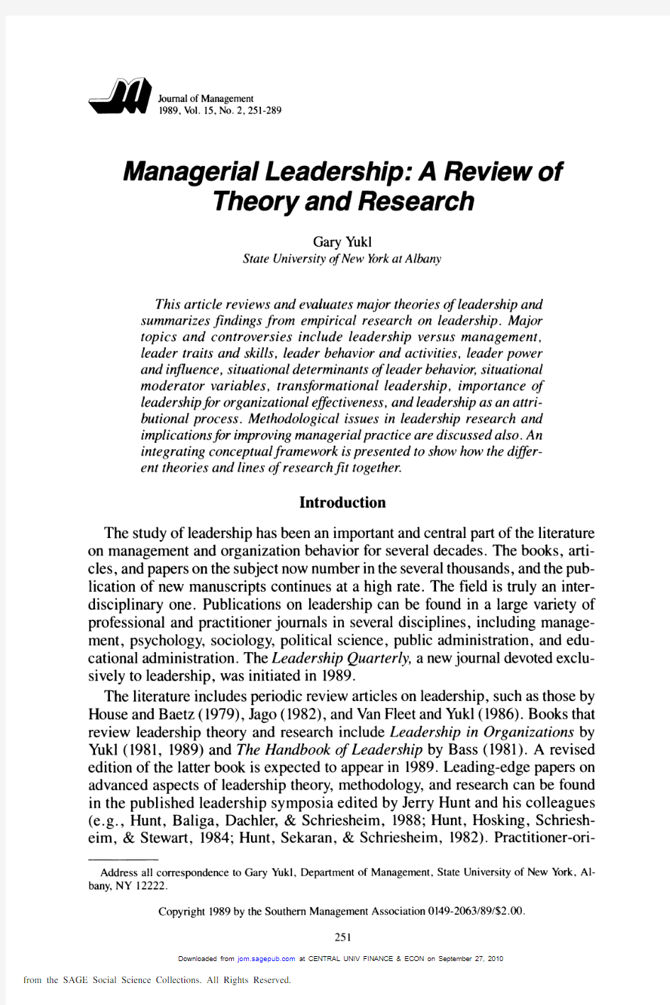 Managerial Leadership A Review of Theory and Research