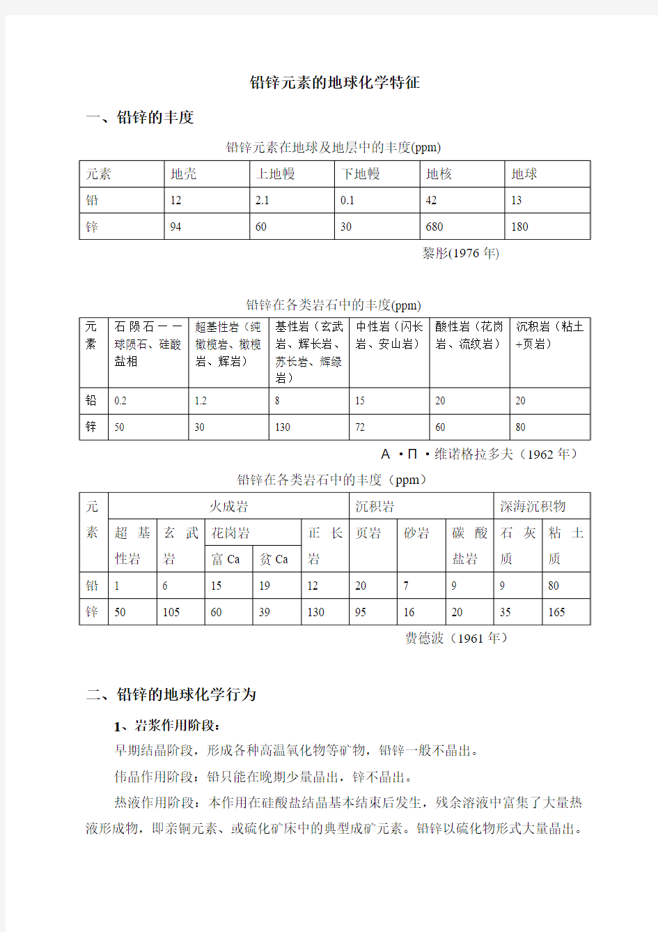 铅锌元素的地球化学特征