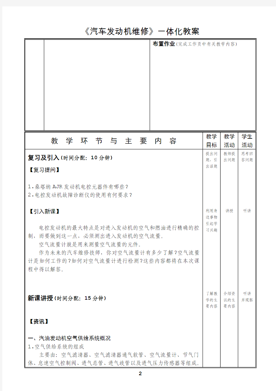 学习活动2  拆检空气流量计或进气压力传感器