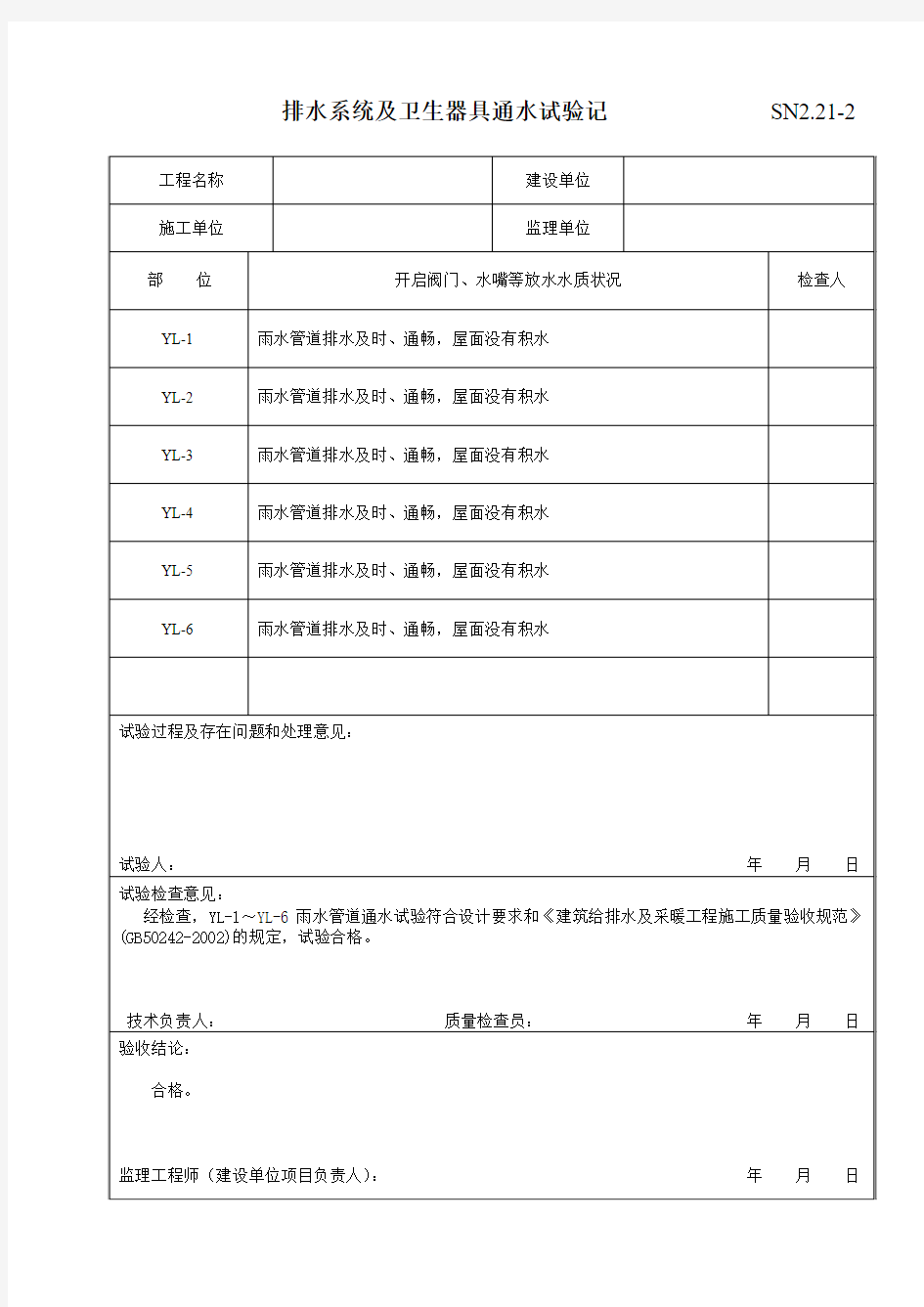 SN2.21-2排水系统及卫生器具通水试验记录