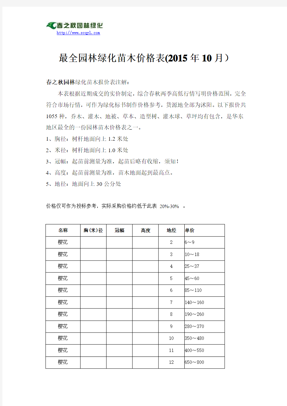 最全园林绿化苗木价格表(2015年10月)