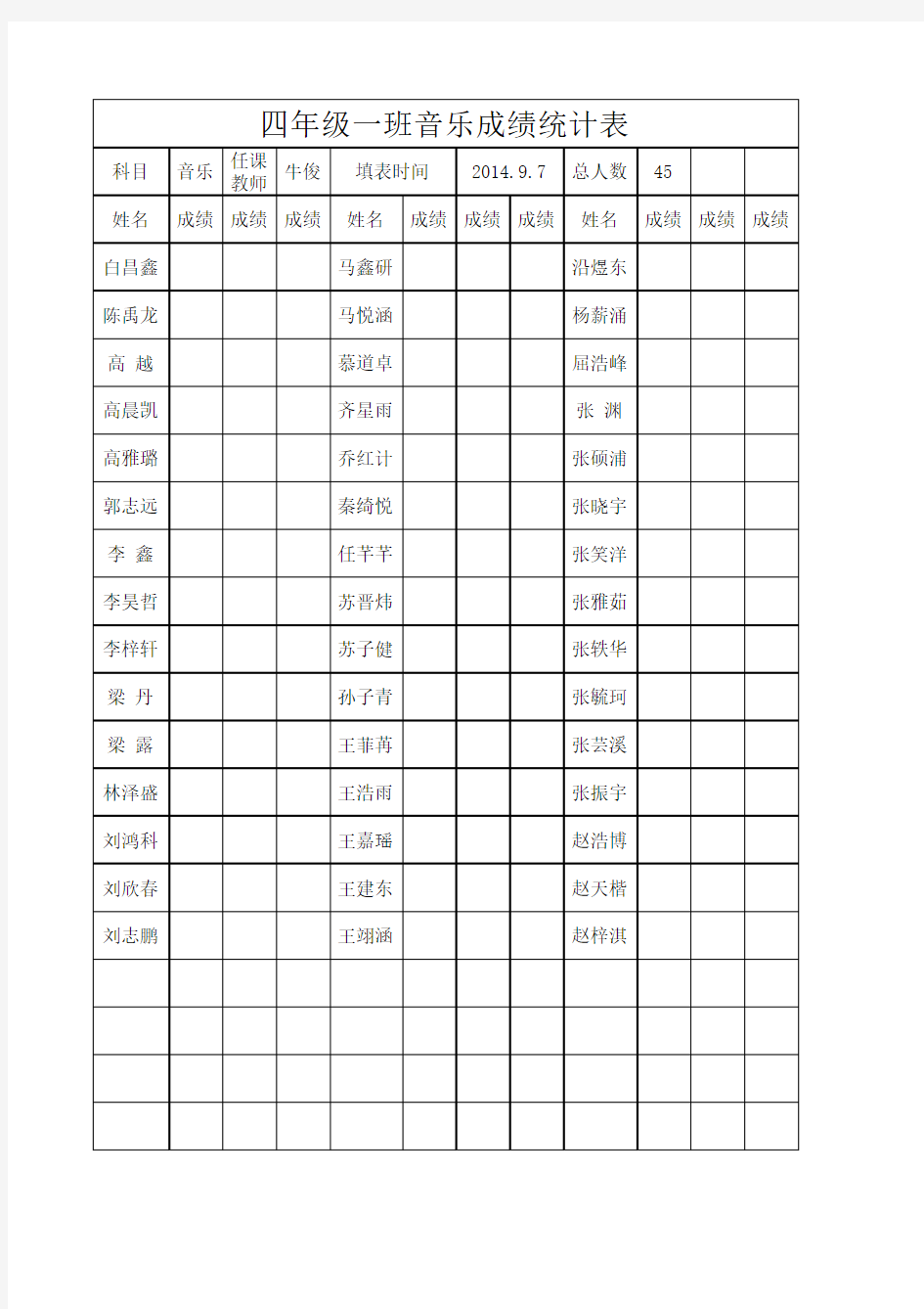 四年级成绩统计表