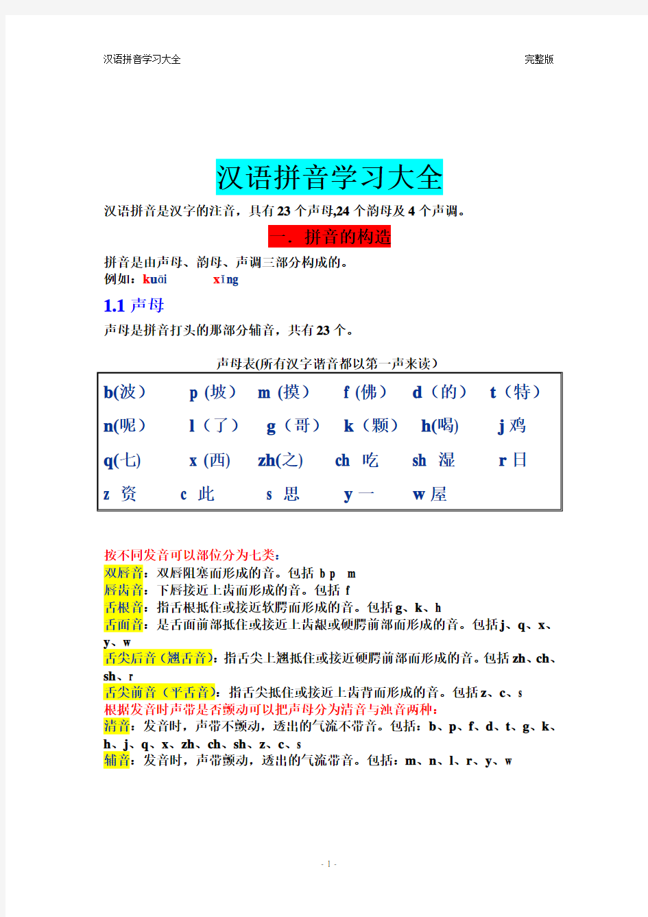 汉语拼音学习大全   完整版
