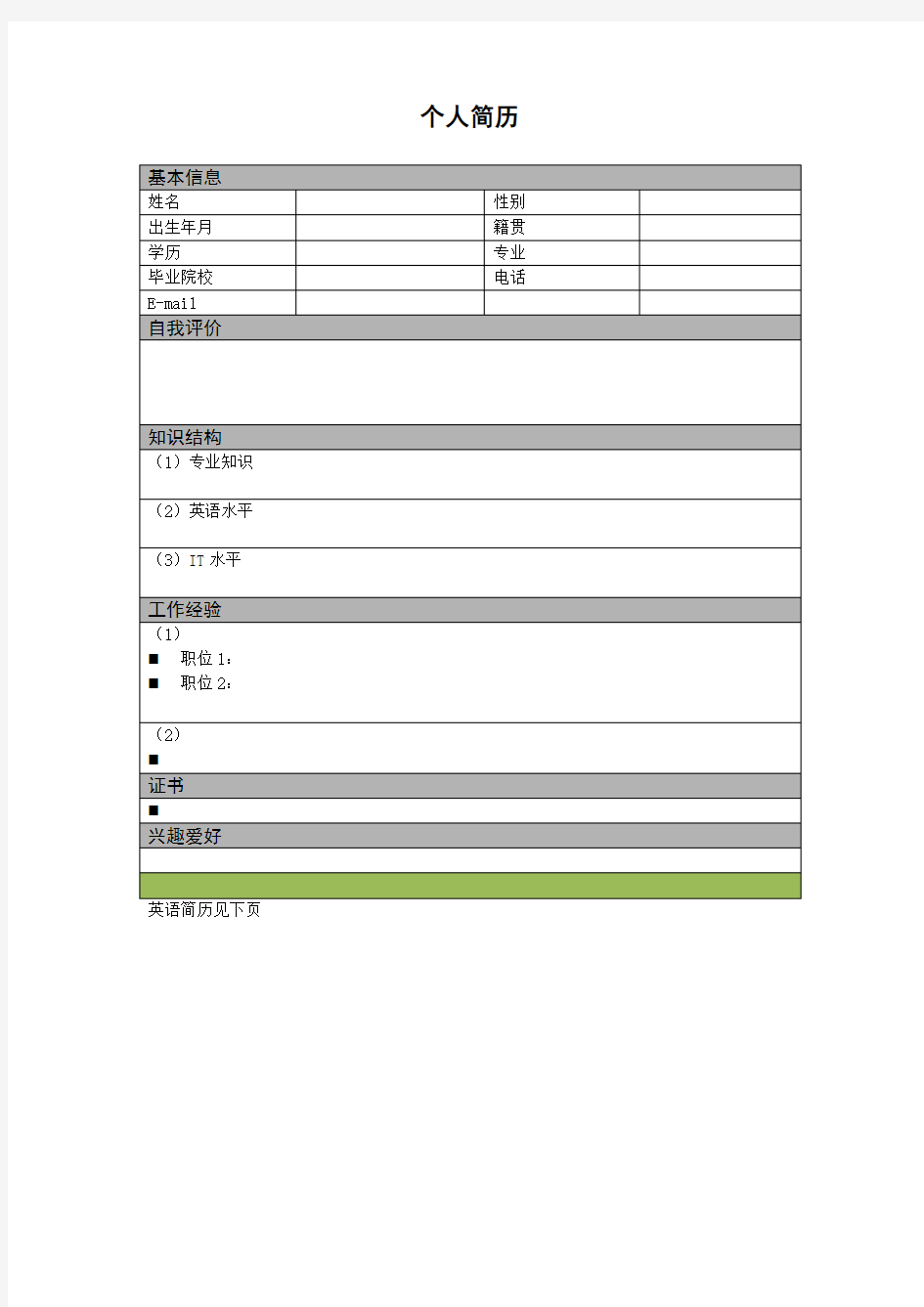 中英文整洁表格 个人简历模板