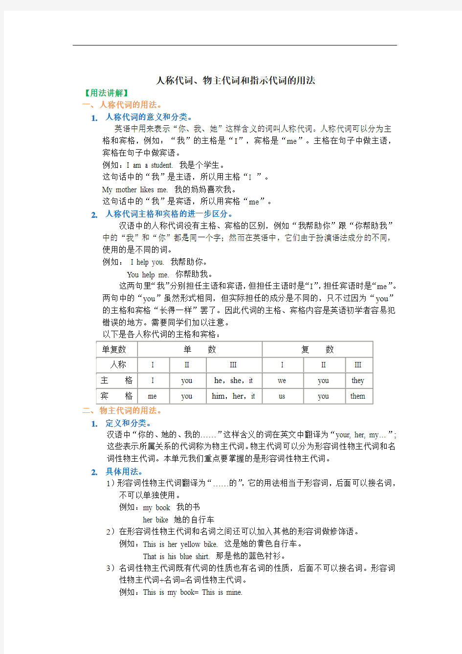 Unit 2 人称代词、物主代词和指示代词的用法