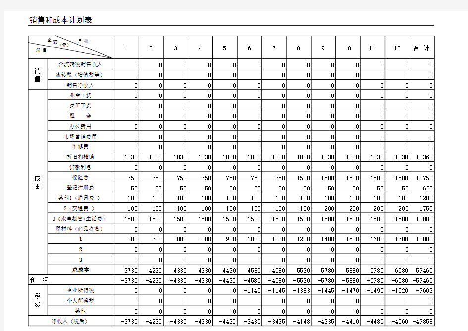 销售和成本计划表