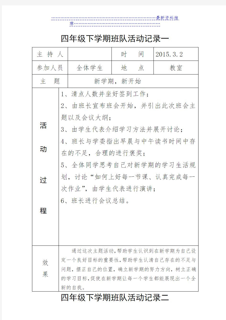 四年级下学期班队活动记录(共6份)