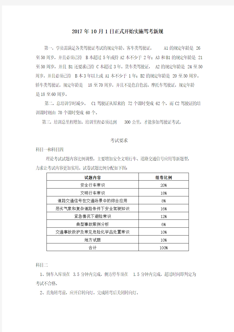 2017年10月1日正式开始实施驾考新规