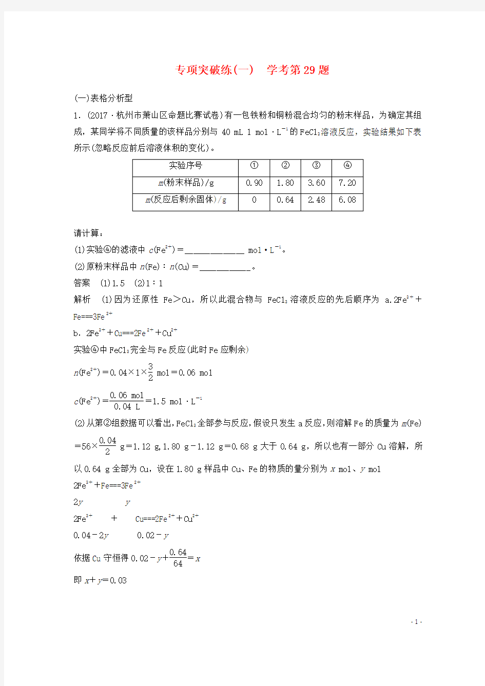 最新2020-2021版高考化学大一轮复习专题1专项突破练(一)