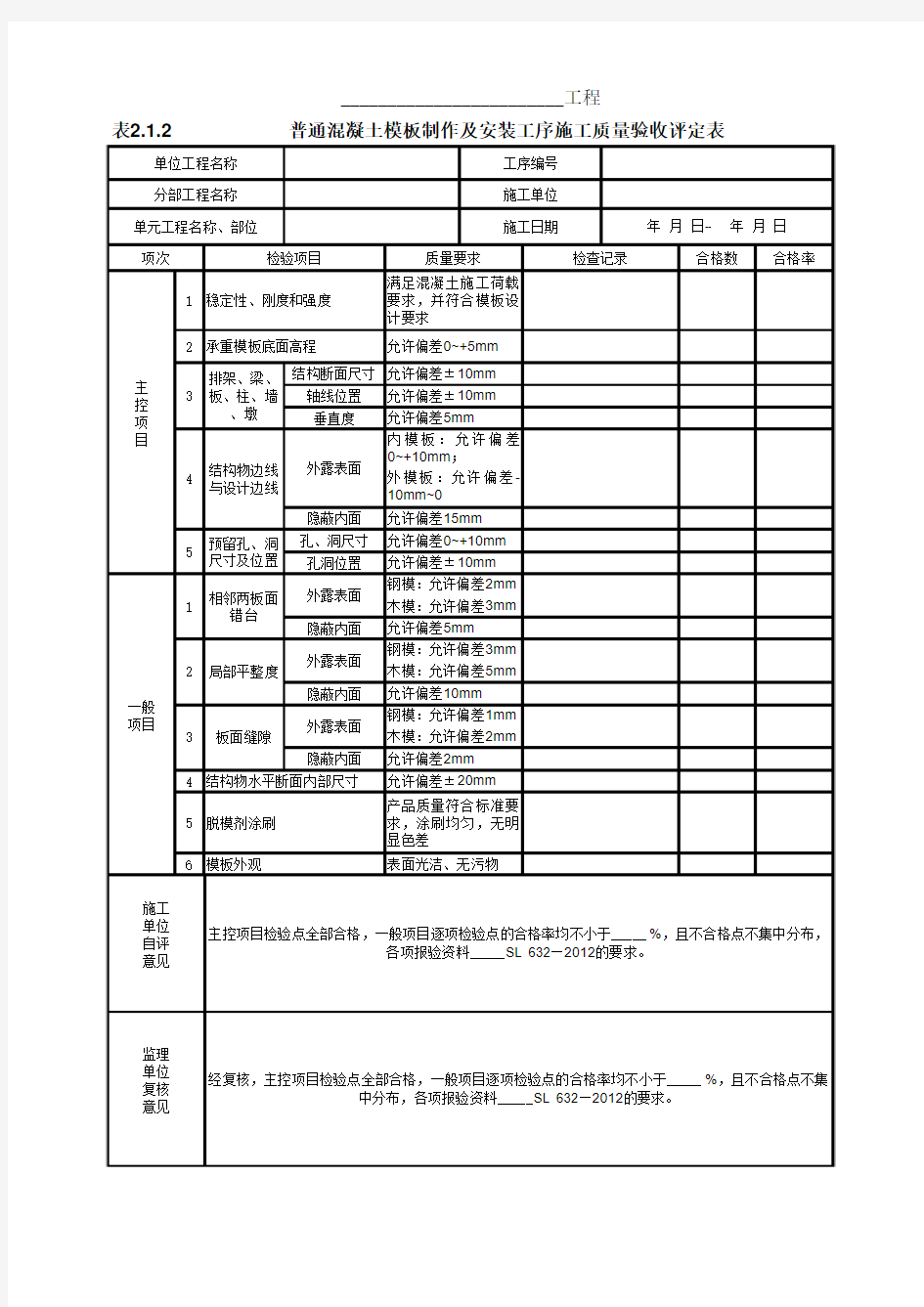 普通混凝土模板制作及安装工序施工质量验收评定表