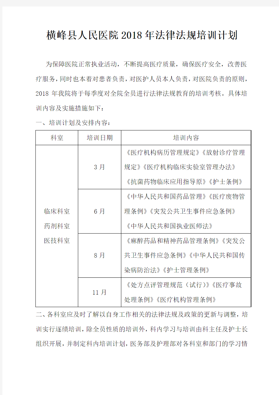 2018年医院法律法规培训计划