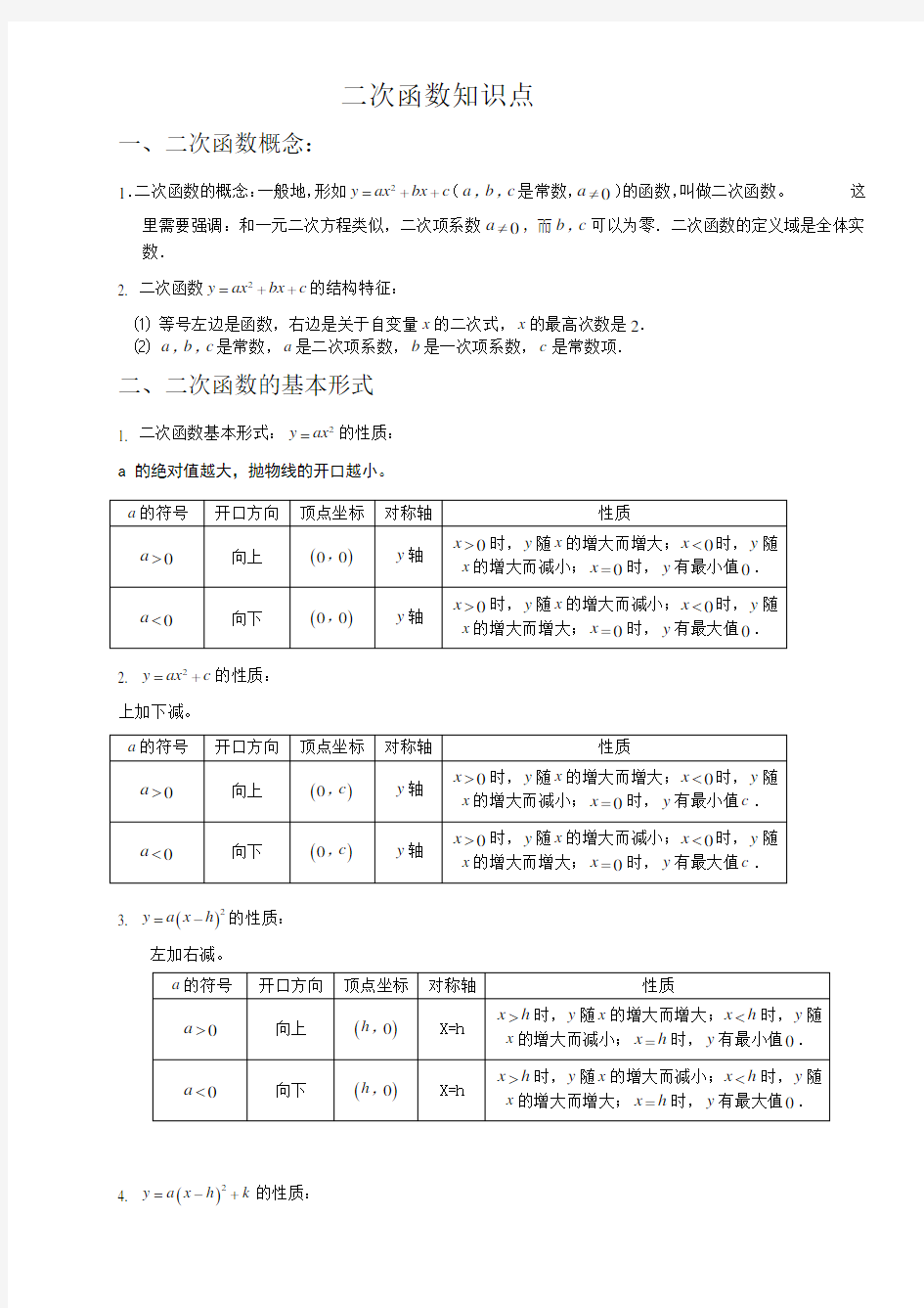 人教版九年级上册数学二次函数知识点总结