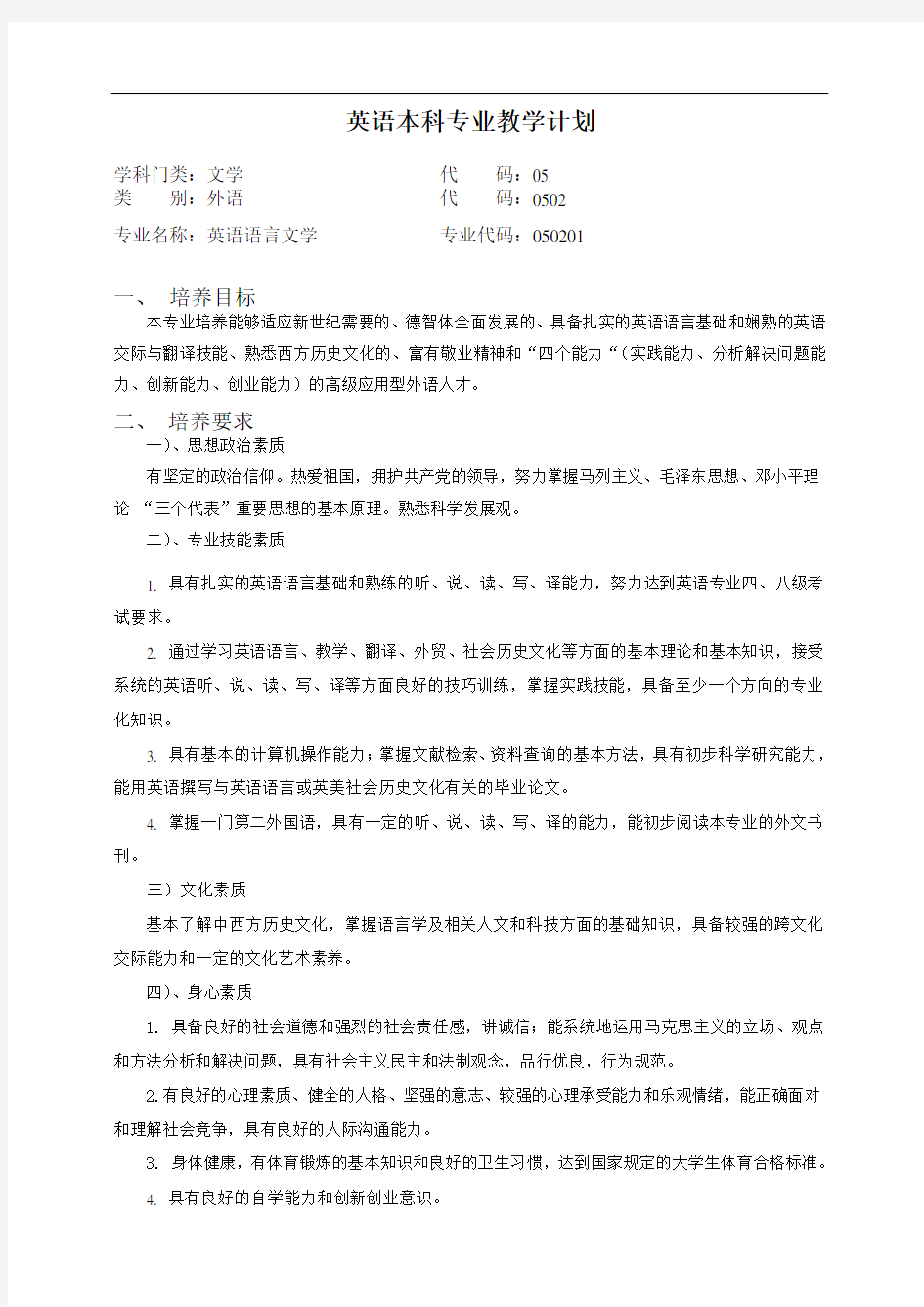 英语本科专业教学计划