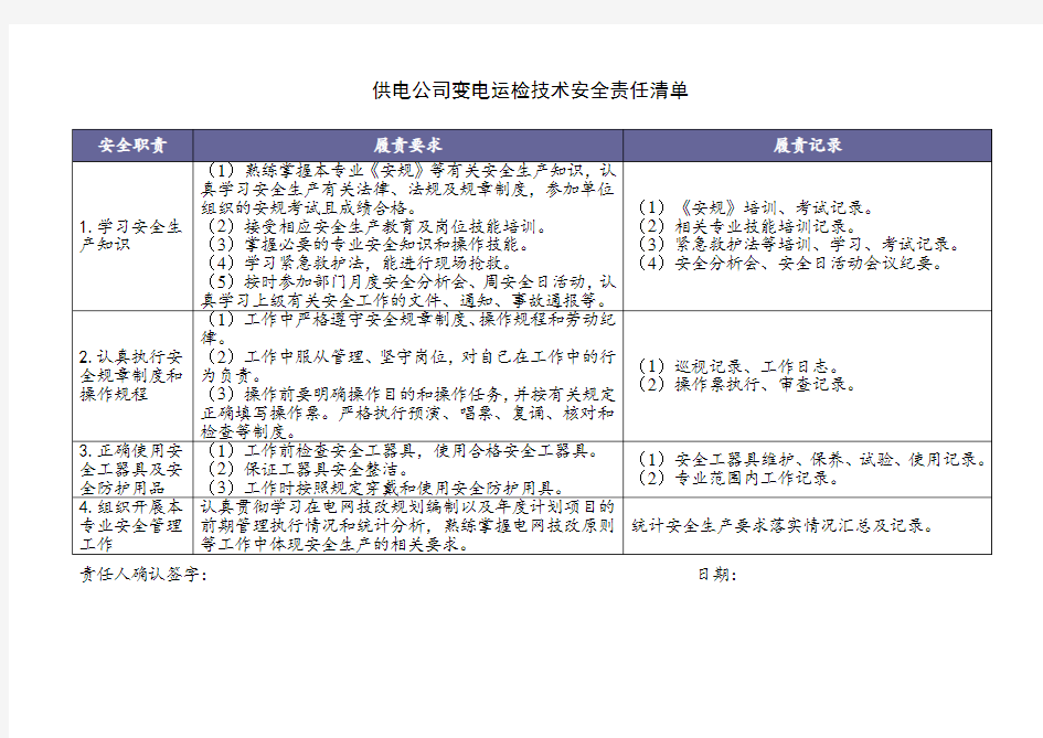 供电公司变电运检技术安全责任清单