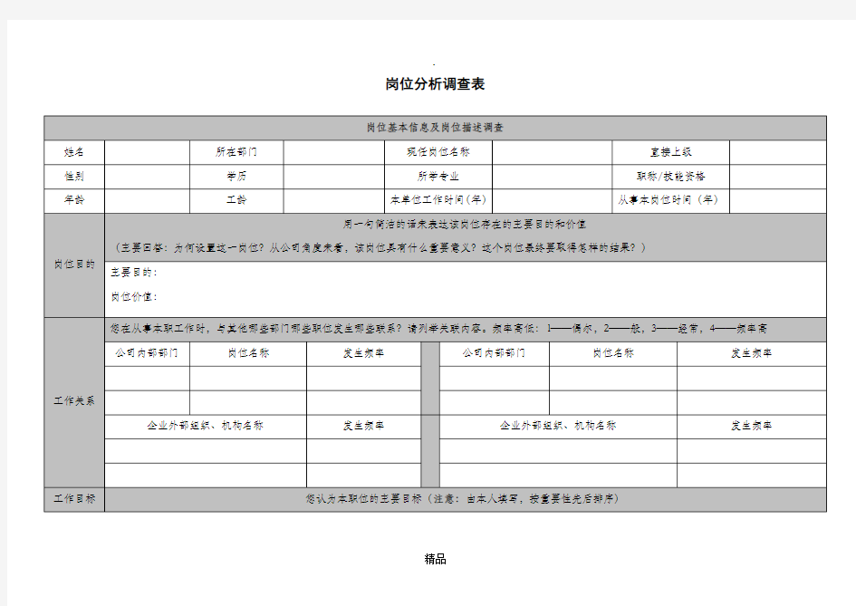 岗位分析调查表  (模板)