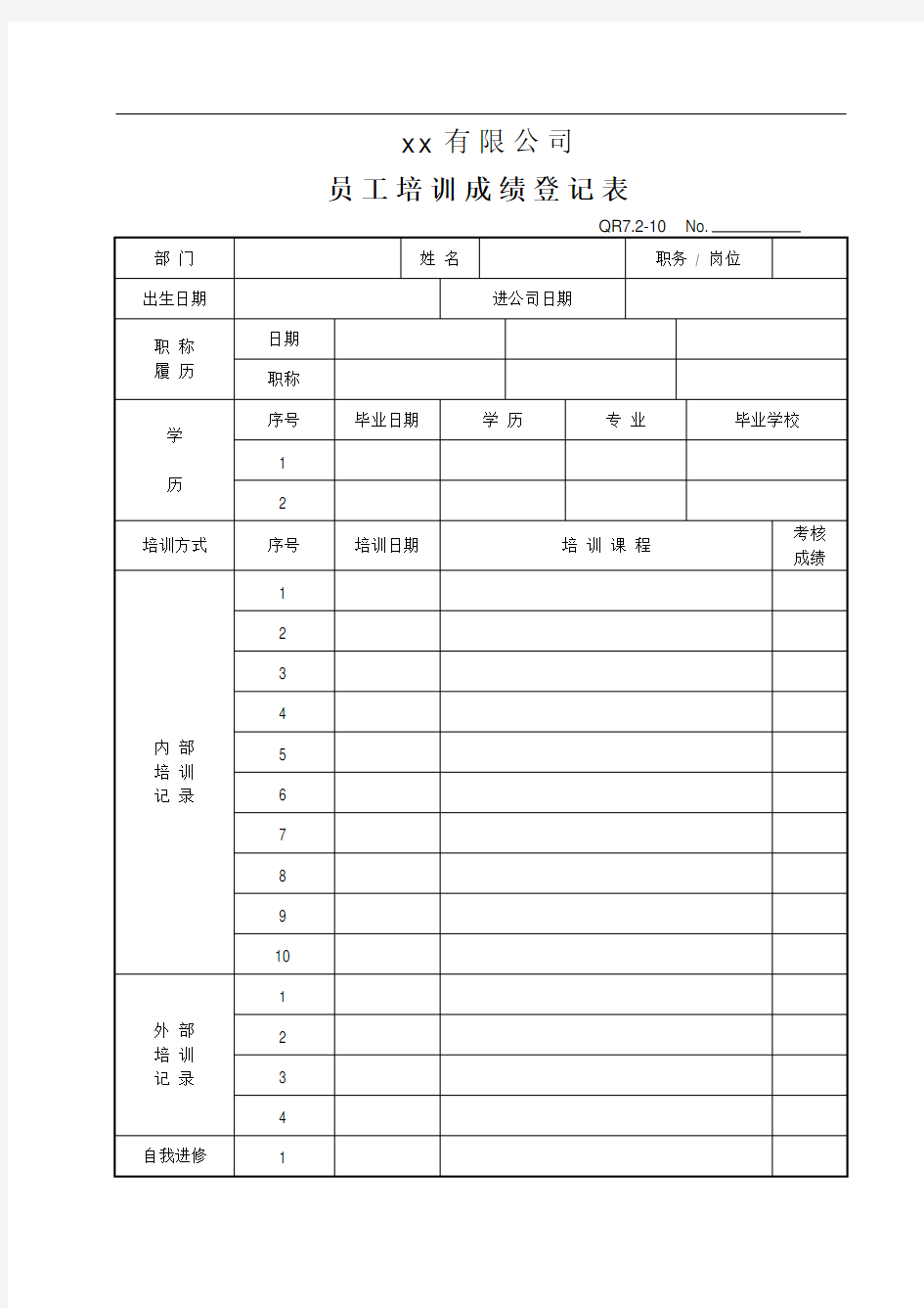 员工培训成绩登记表