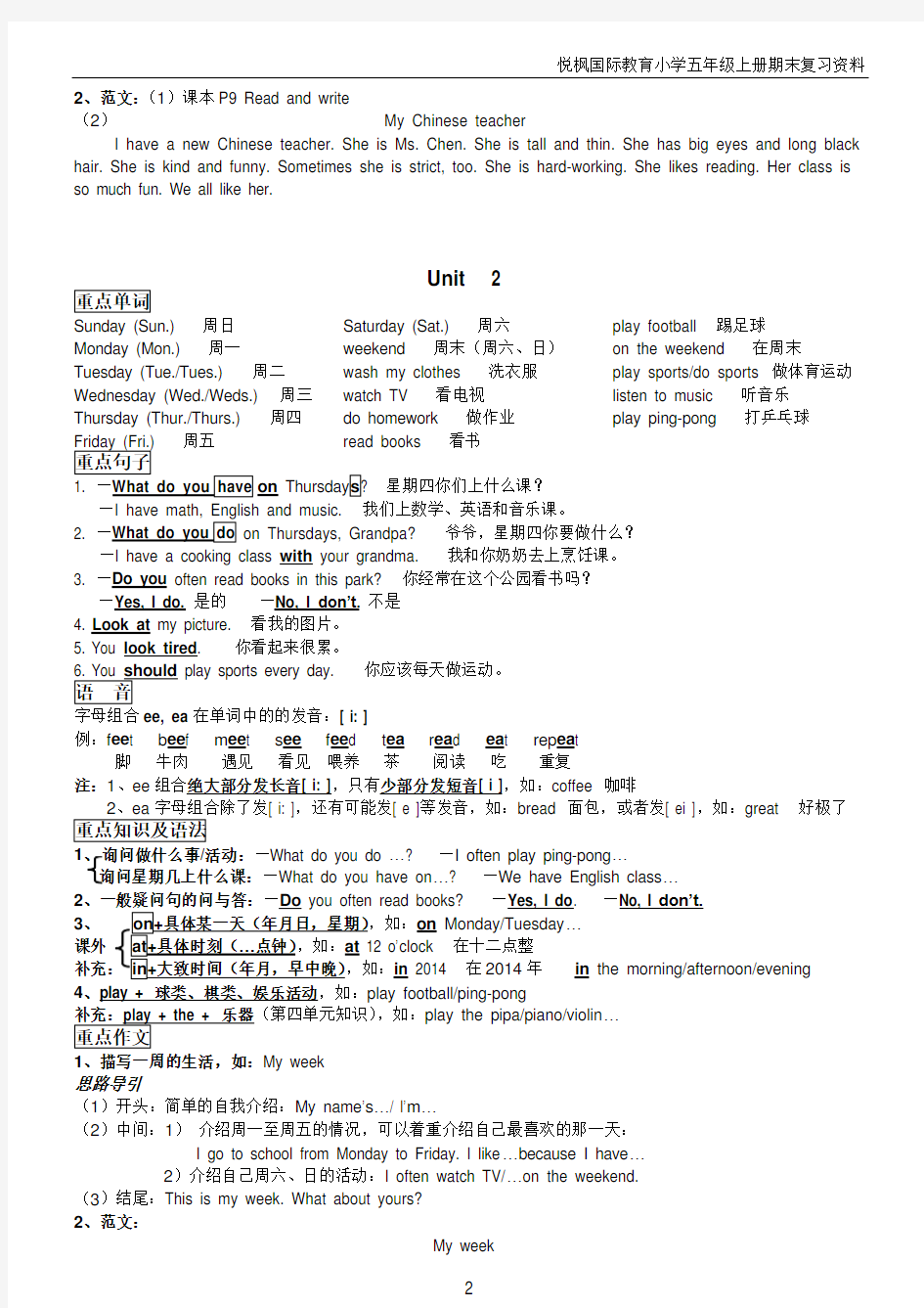 (完整版)小学五年级人教版英语上册知识点总结