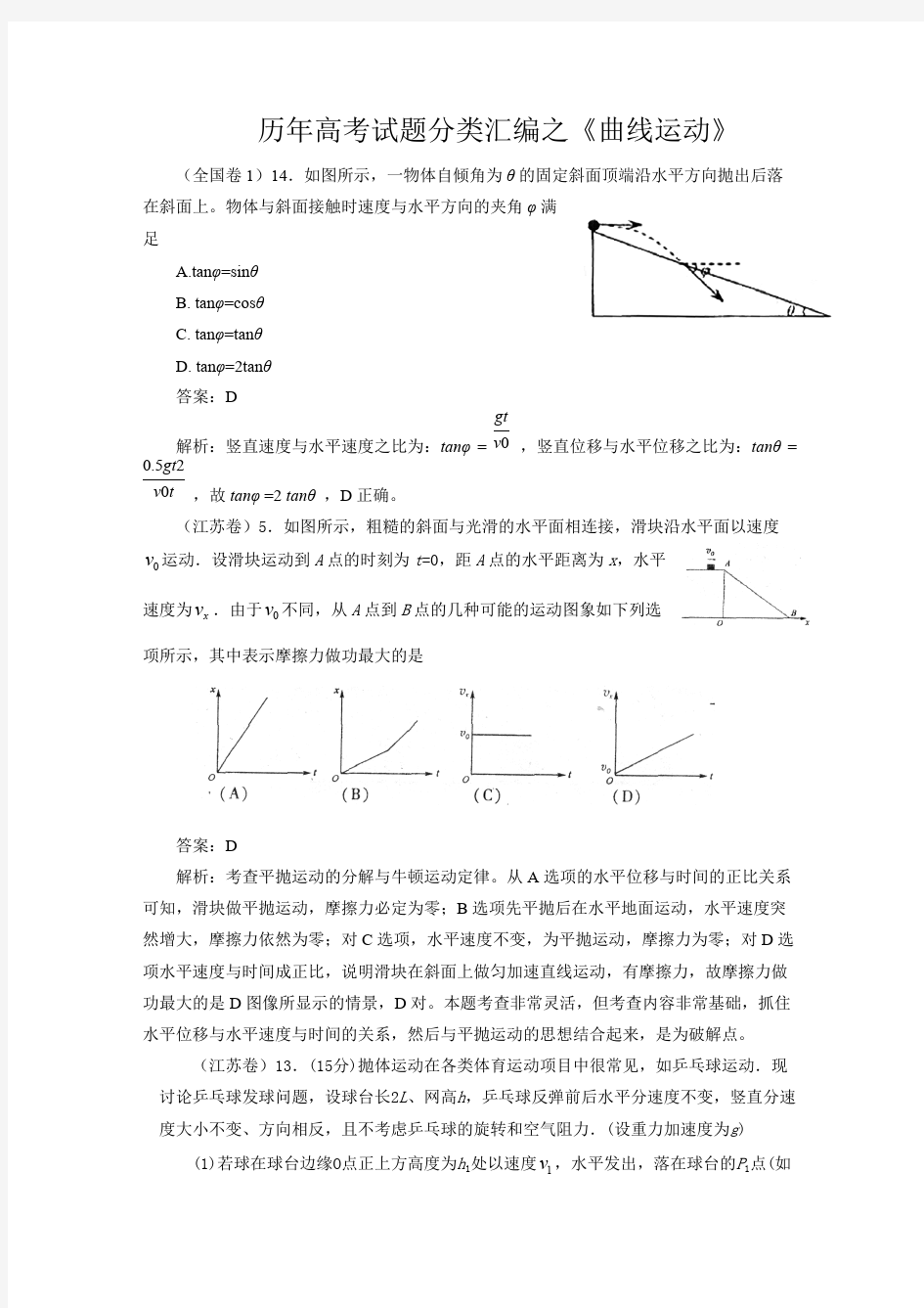 历年高考试题分类汇编之《曲线运动》,推荐文档