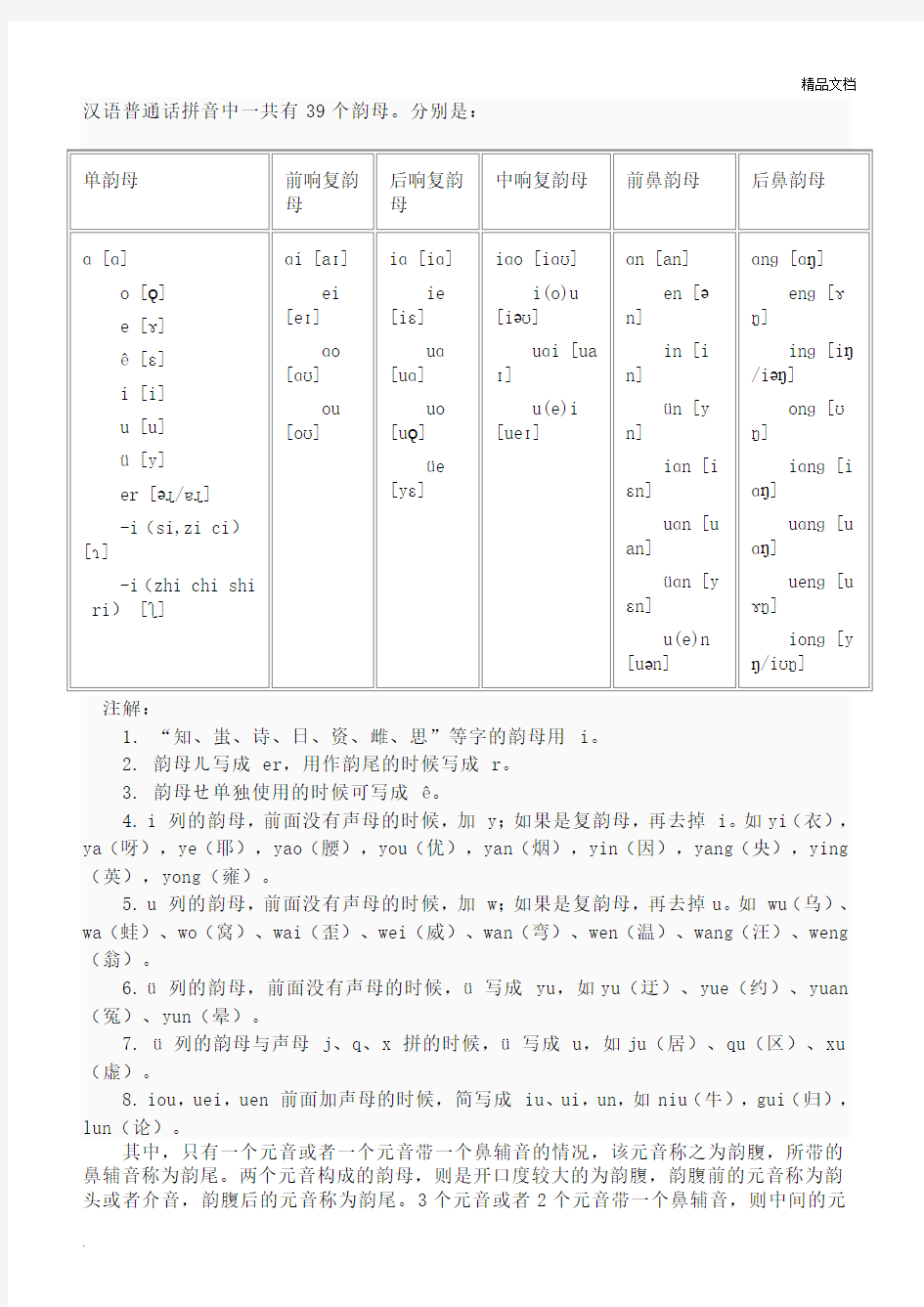 汉语普通话拼音中一共有39个韵母
