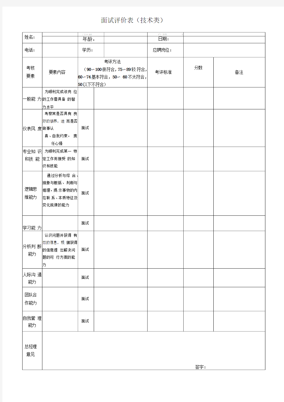 面试评价表_综合