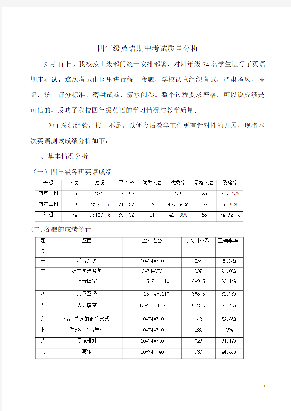 四年级英语期中考试质量分析