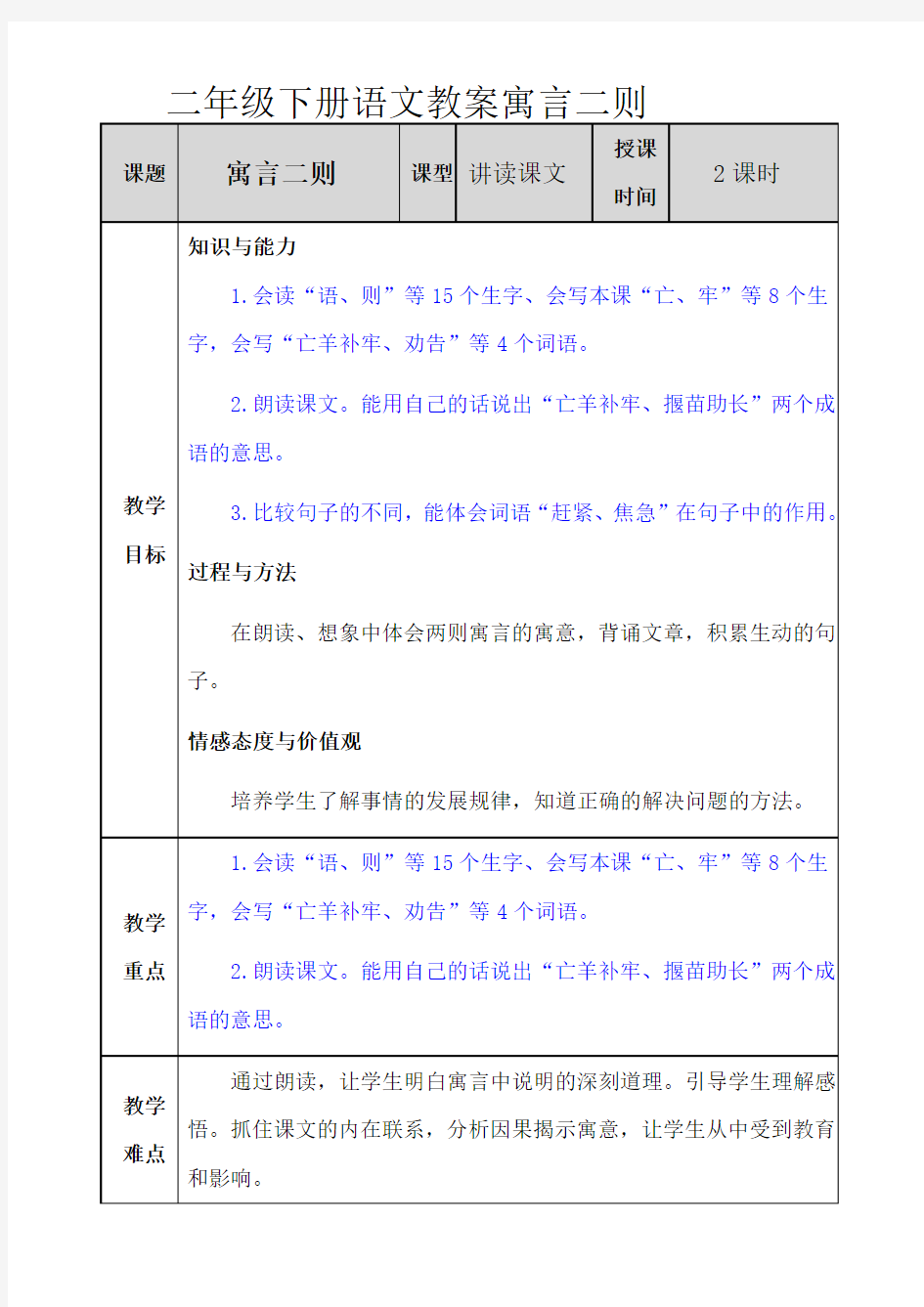 二年级下册语文教案寓言二则