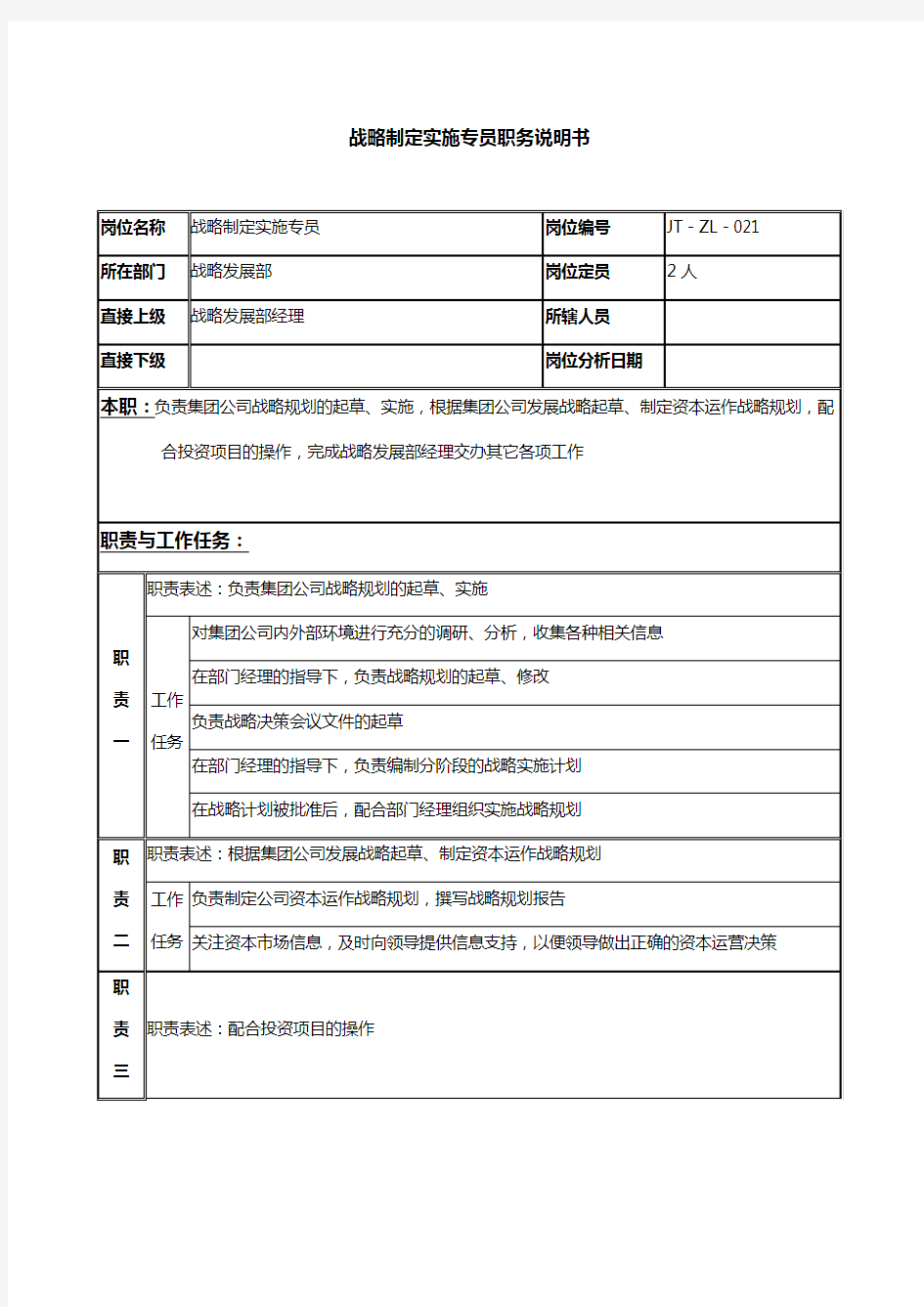 战略与投资发展部岗位说明书大全