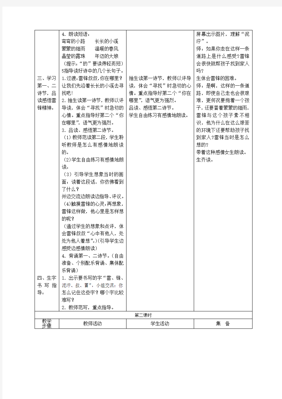 (完整版)部编版语文二年级下册第二单元表格式教案