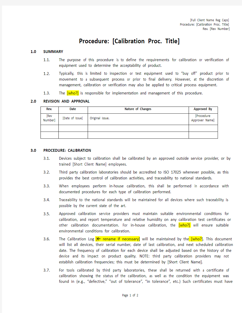 ISO9001：2015仪器设备校准程序英文版