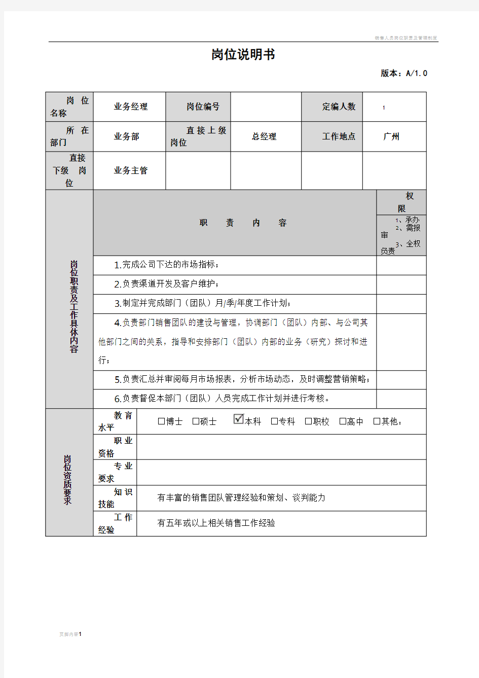 销售人员岗位职责说明书