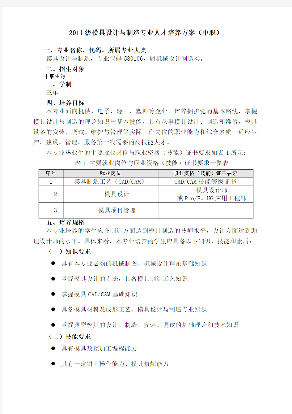 2级模具设计与制造专业人才培养方案(中职)