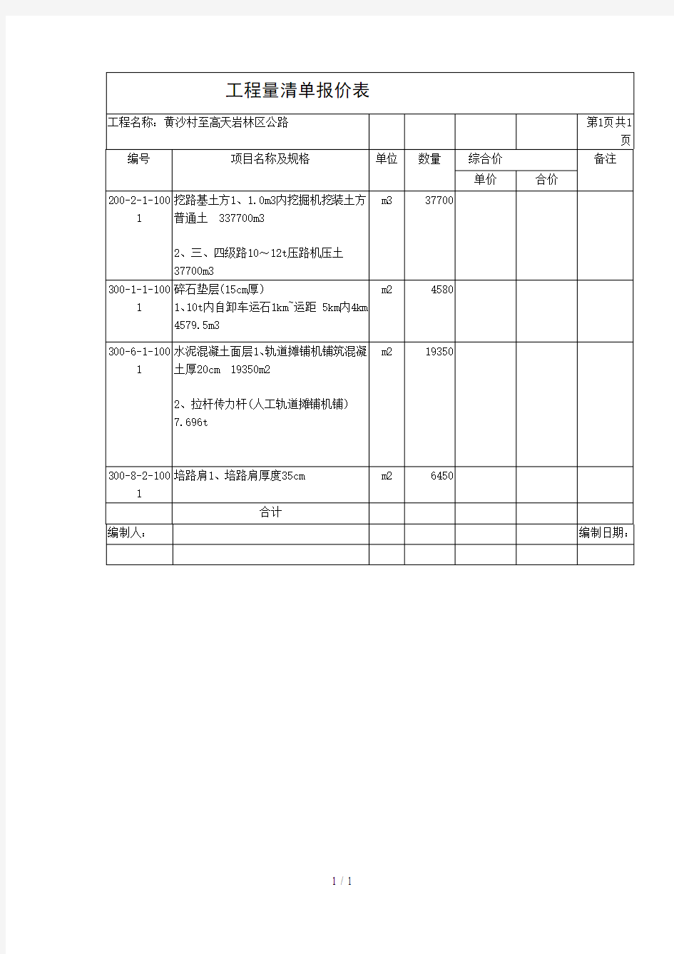 工程量清单报价表