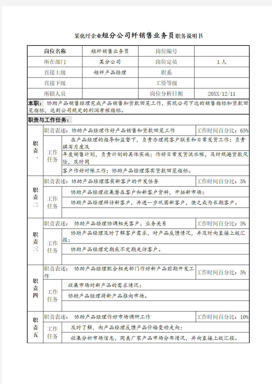 推荐-某化纤企业分公司短纤销售业务员职务说明书 精品