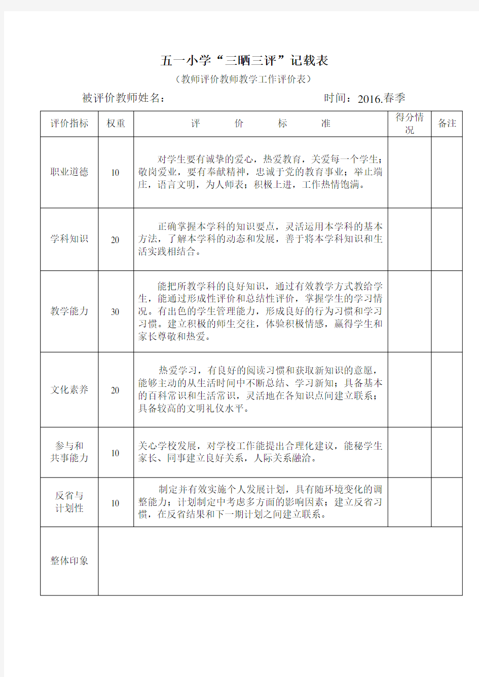 小学教师评价教师教学工作评价表