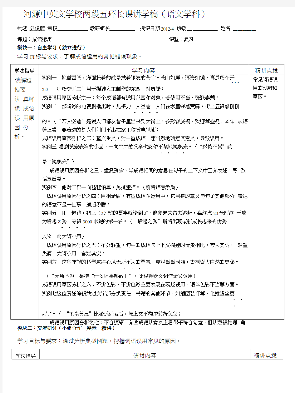 广东省河源市中英文实验学校九年级语文《成语运用》讲学稿.doc