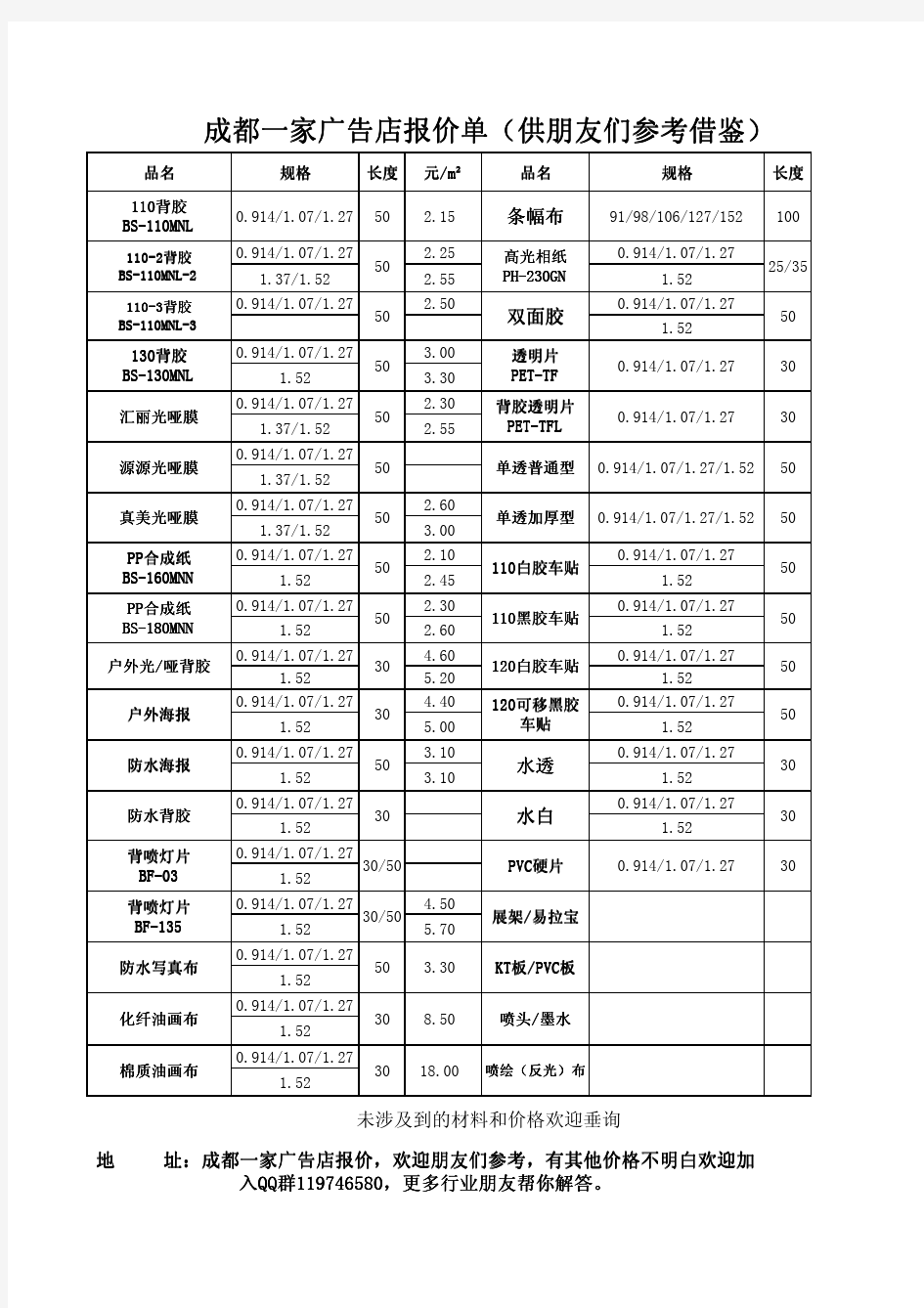 成都广告店广告材料报价单