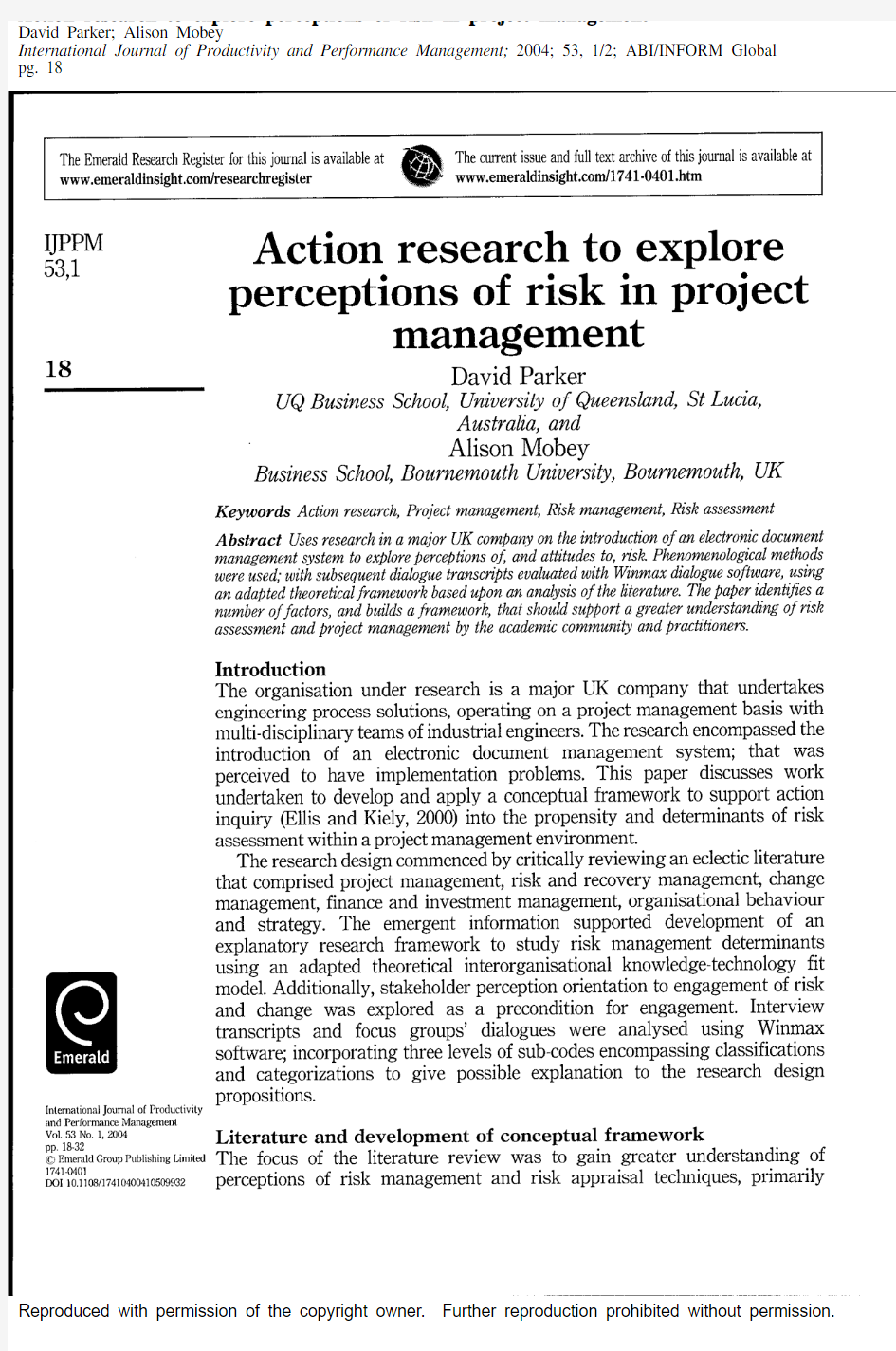 Action research to explore perceptions of risk in project management