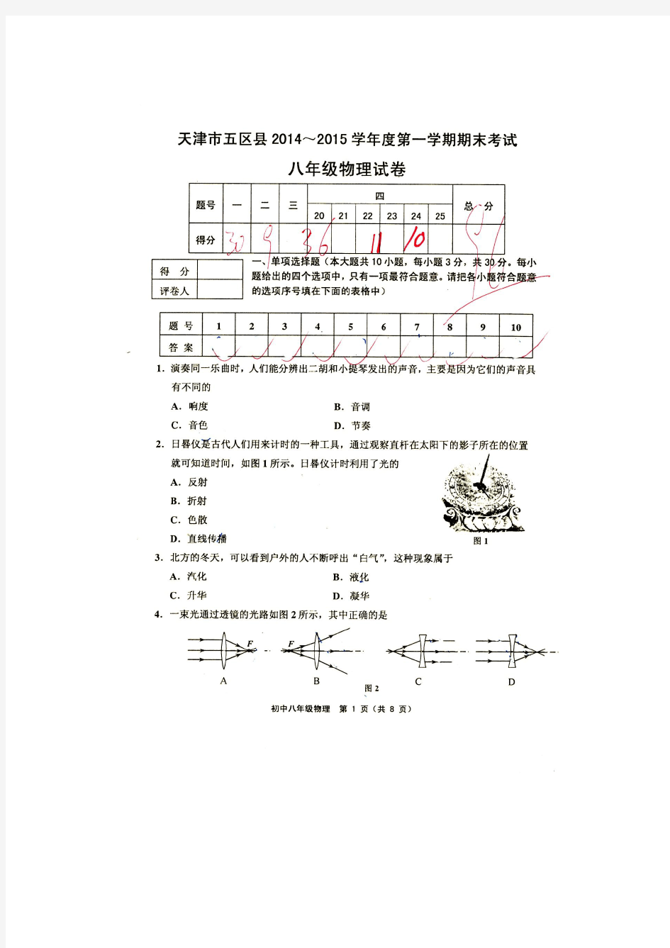 蓟县2014-2015第一学期期末八年级物理高清