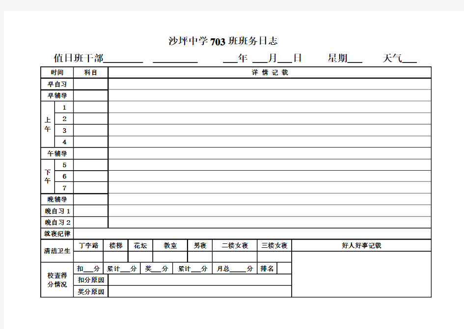 初中班级管理班务日志模板