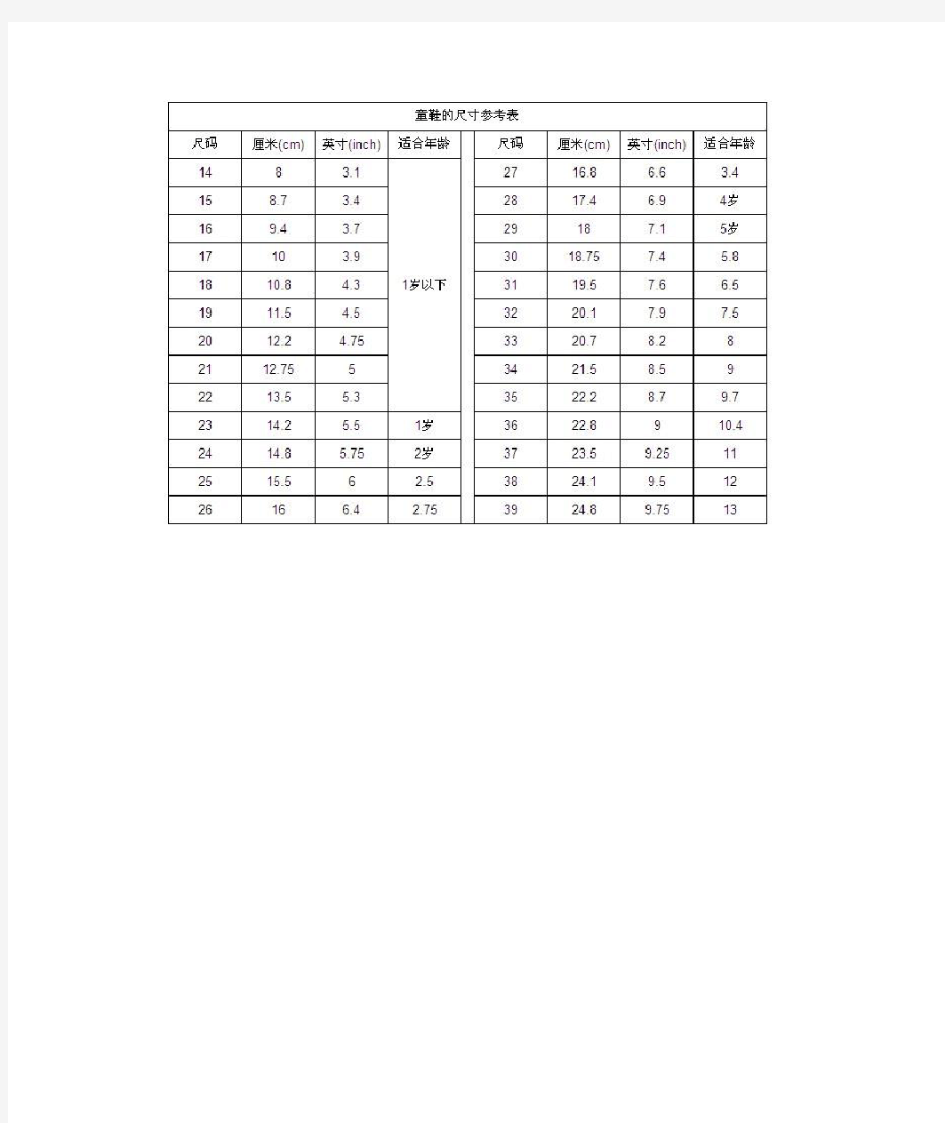 国际标准童鞋尺码对照表