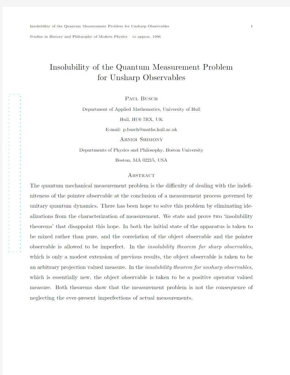 Insolubility of the Quantum Measurement Problem for Unsharp Observables